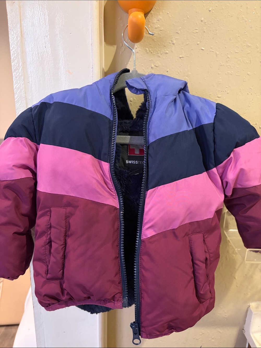 Swiss Tech Kids Colorblock Puffer Jacket in Purple, Pink & Navy